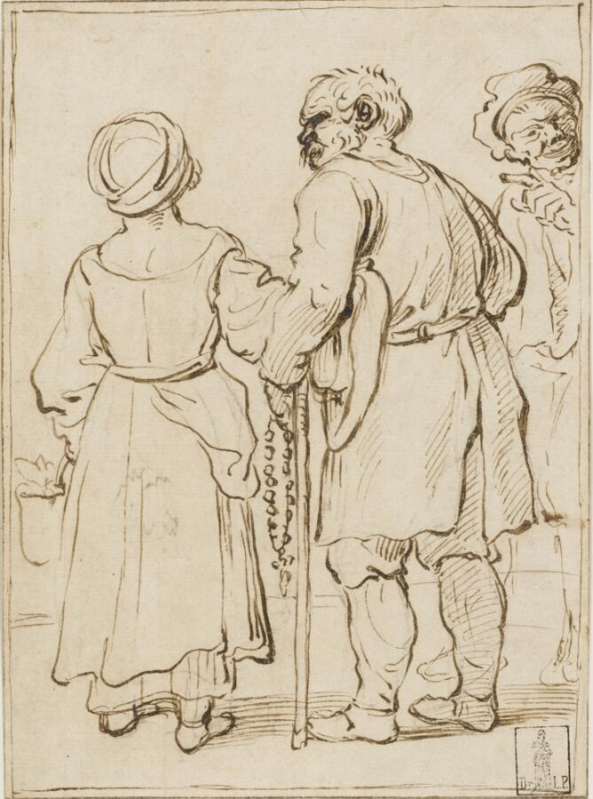 A black and white drawing of a standing man and woman using a walking stick, arms linked with their backs towards the viewer. A figure to the viewer's right points in their direction