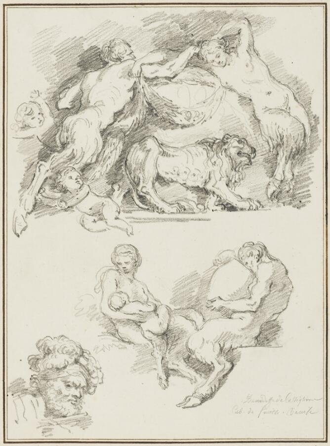 A sheet of three black and white drawings. At the top, two standing fauns, link arms above a lion. Below, two seated fauns, one nurses a baby faun while the other drinks from a jug. To the bottom left, a study of a head