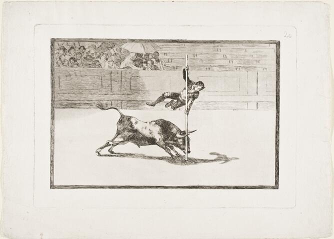 A black and white print of a man spinning on a pole above a charging bull in an arena, while a crowd watches to the viewer's left