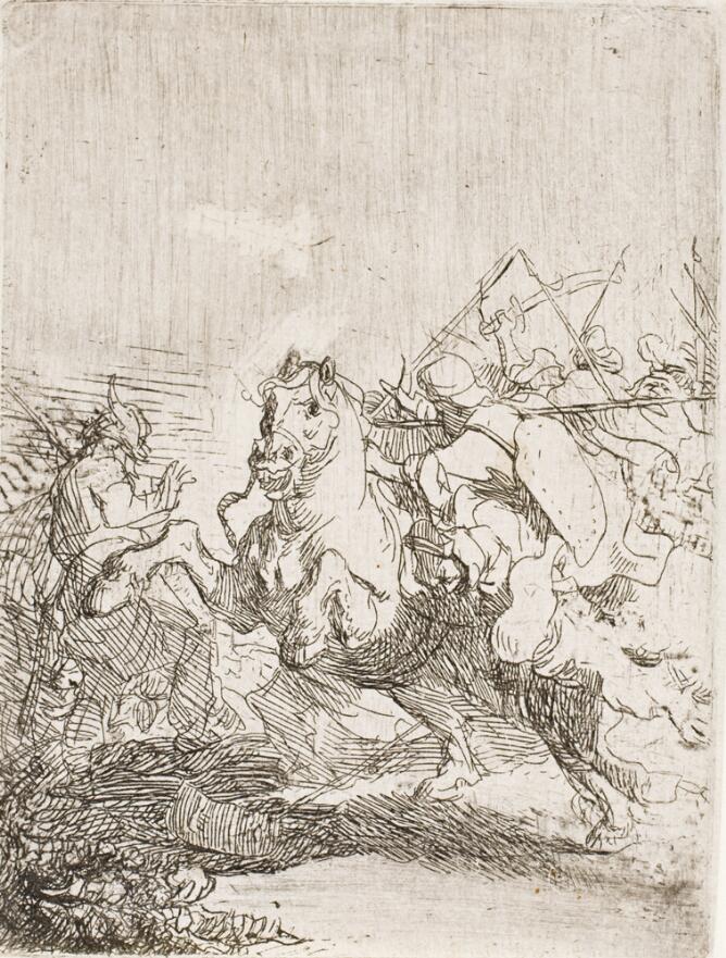 A black and white print of a horse leaping towards the viewer as a battle ensues around