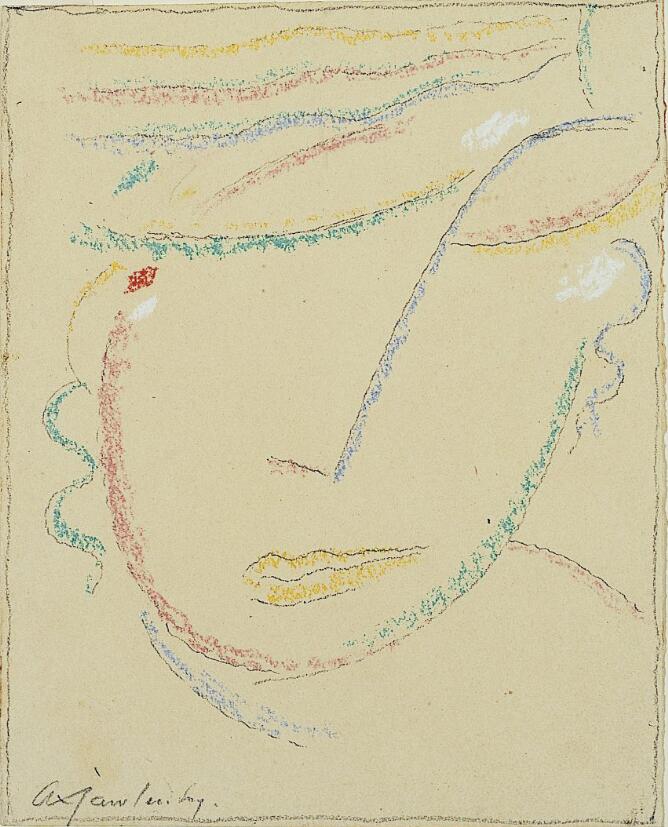 A mixed media, abstract drawing of a head with closed eyes, slightly tilting to the viewer's right, with minimal lines and an outline of red, yellow, green and blue