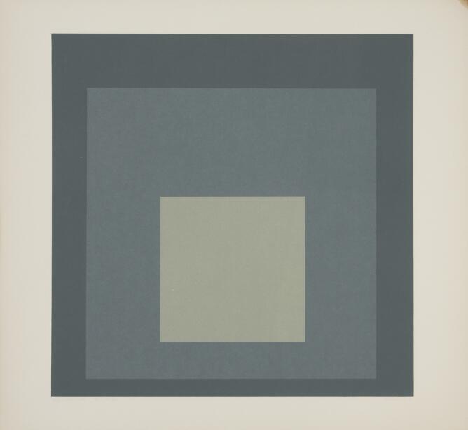 An abstract print of nested squares in shades of gray, transitioning from a darker gray on the outer square, to a light gray at the center