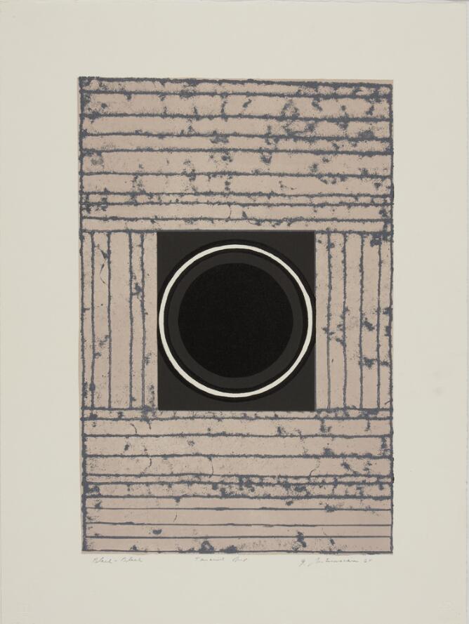 An abstract print of a black circle outlined in dark gray and white within a dark gray square, framed by pale beige and gray horizontal and vertical stripes