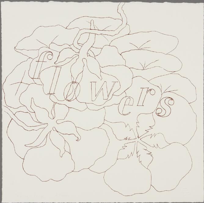 An abstract print of a cluster of flowers using dark brown lines, with stenciled text across that reads flowers