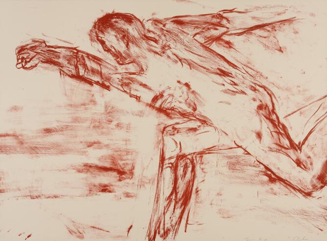 An abstract print of a man running towards the viewer's left with arms extended in opposite directions, using sketchy red line