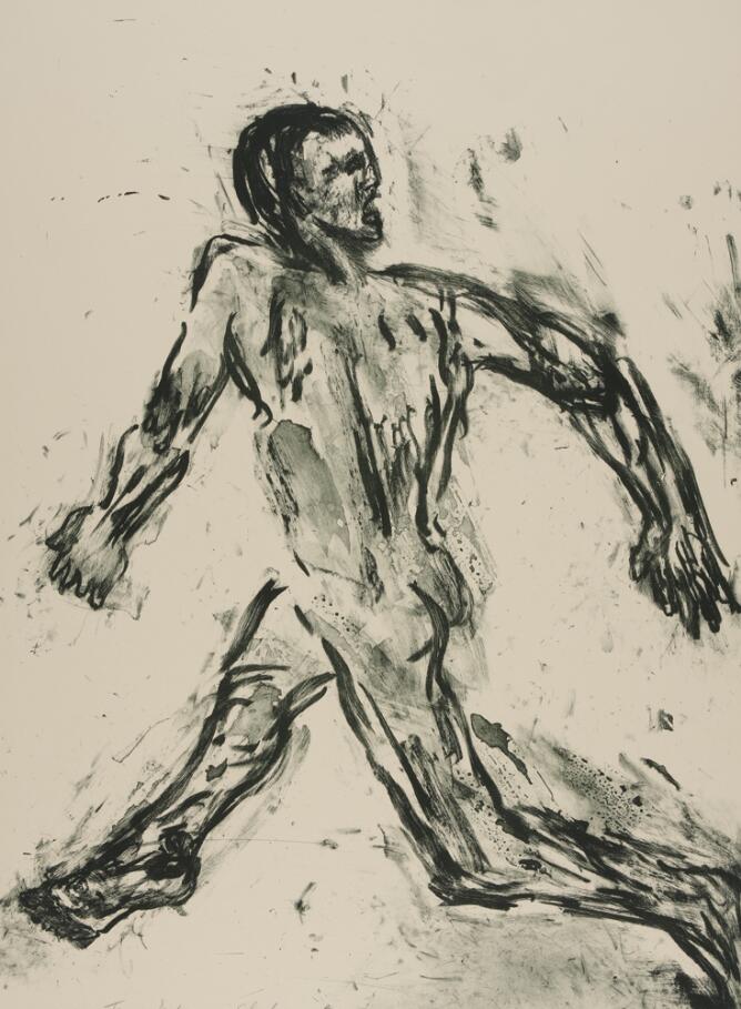 A black and white abstract print of a man running and looking back, using sketchy lines