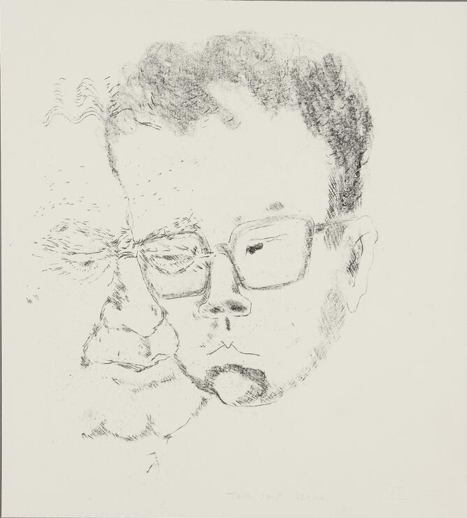 A black and white abstract print of a young boy's head with glasses overlapping the side of a man's head