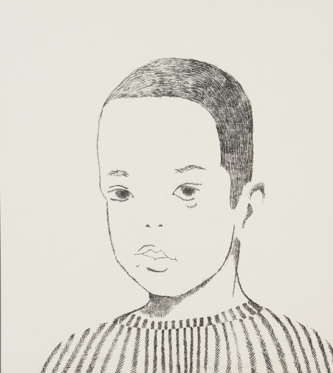 A black and white print of a young boy wearing a vertical striped shirt shown from the shoulders up