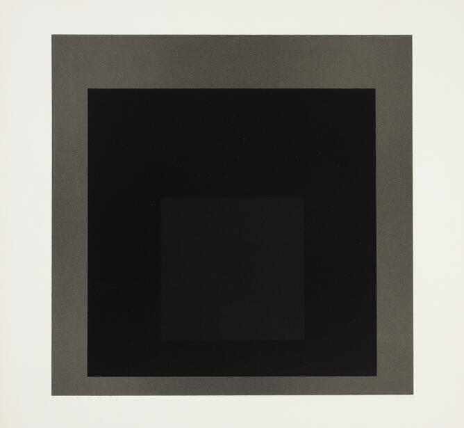An abstract print of nested squares transitioning from medium gray on the outer square, to black and then to dark gray at the center