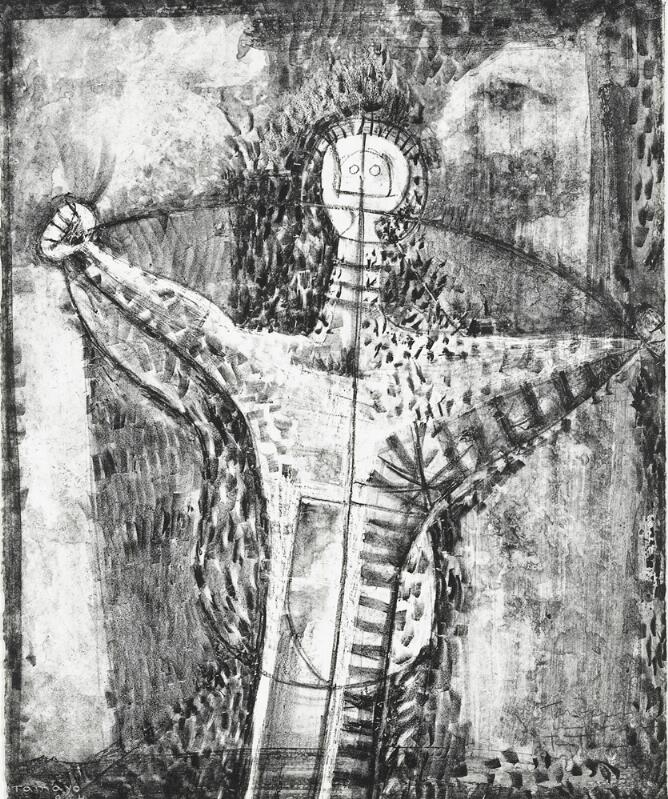 A black and white abstract print of the upper body of a figure with arms outstretched, surrounded by a pattern of marks