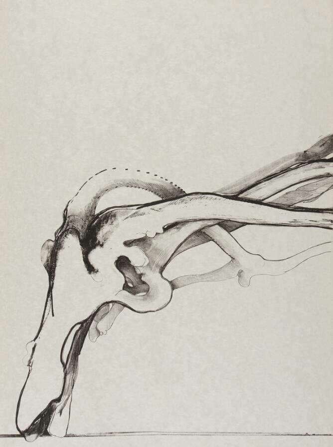 A black and white abstract print of a bone-like form curving towards the viewer's right