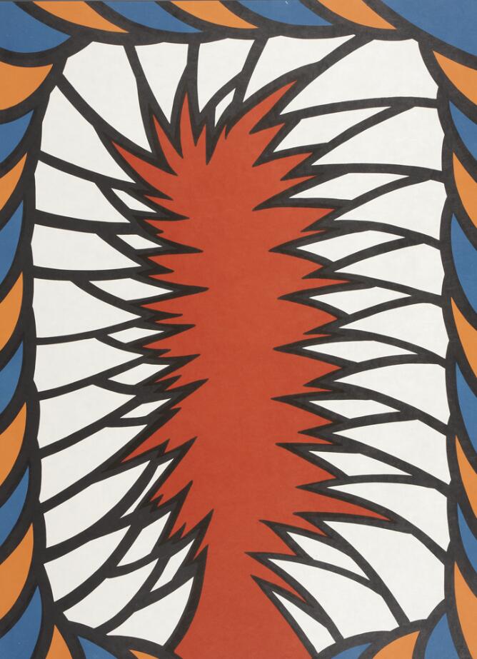 An abstract print of an orange section framed by white spikes boldly outlined in black that form a tall rectangular shape, bordered by blue and orange curves