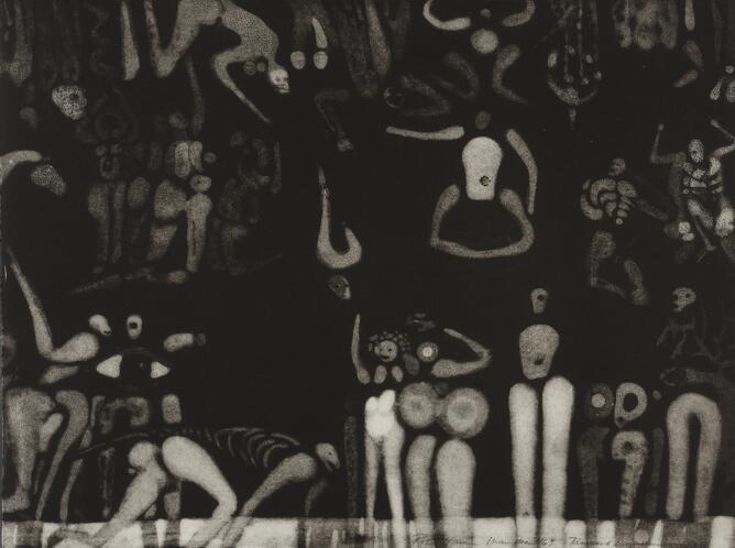An abstract print of white and gray figures, some with skeletal features, in various positions against a black background