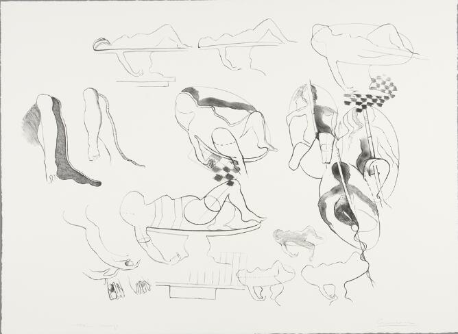 A black and white abstract print showing studies of a reclining figure, legs and hands