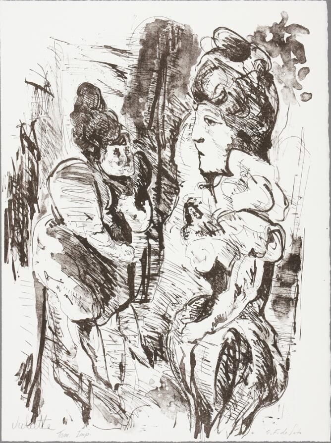 A black and white abstract print showing a sketchy illustration of two sitting women facing each other, one with an exaggeratedly large head