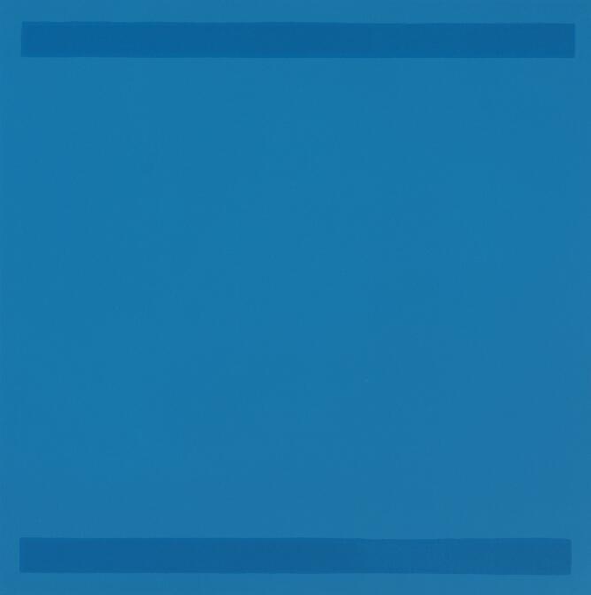 An abstract print of a thin horizontal blue band at the top and bottom of a lighter blue background