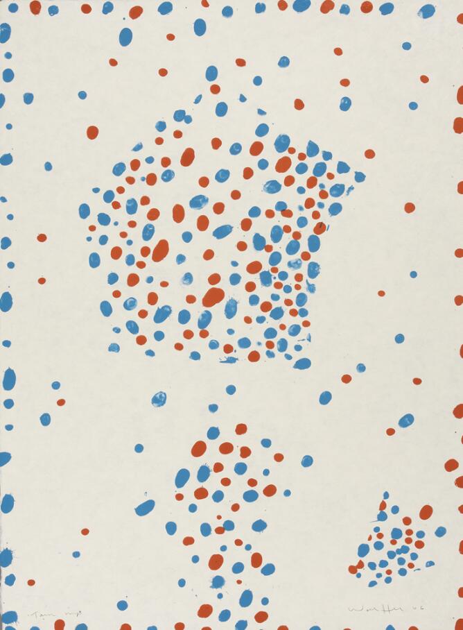 An abstract print of red and blue dots condensed in some areas and scattered in other areas against a white background