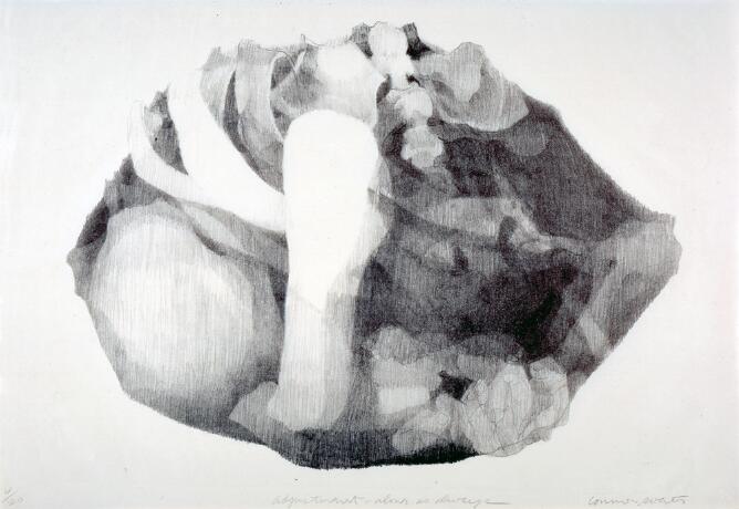 A black and white abstract print showing a cluster of skeletal body parts and fingers at the bottom