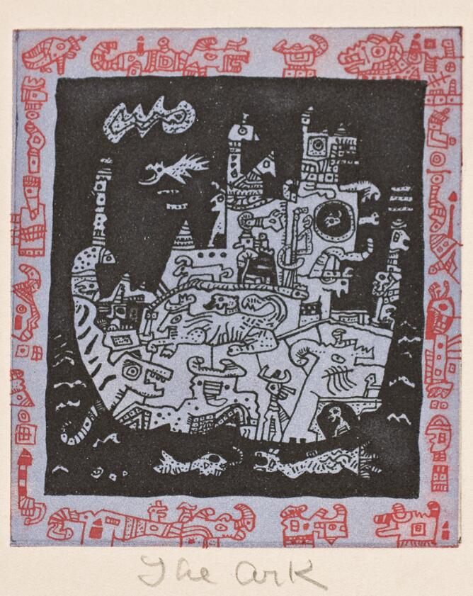 An abstract print of a light bluish-gray ark filled with animals, against a black background with a decorative red and light bluish-gray border