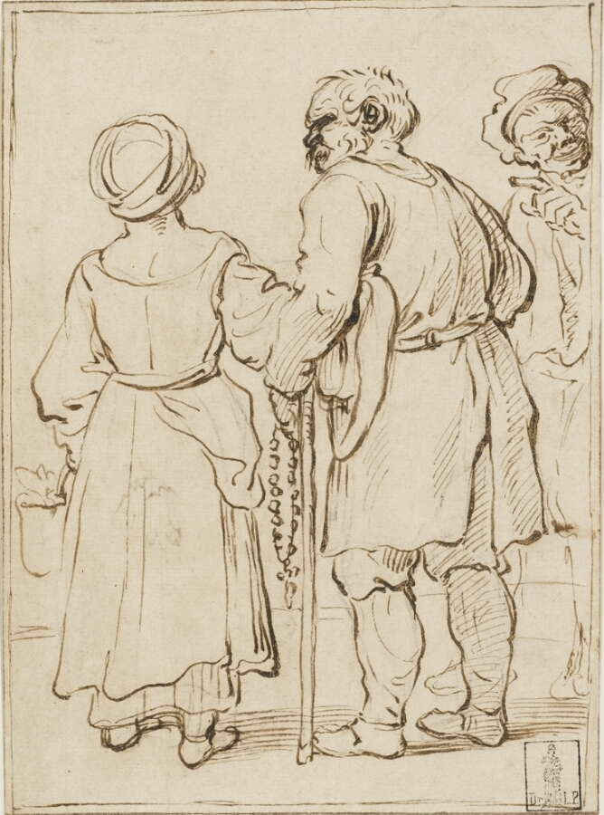 A black and white drawing of a standing man and woman using a walking stick, arms linked with their backs towards the viewer. A figure to the viewer's right points in their direction