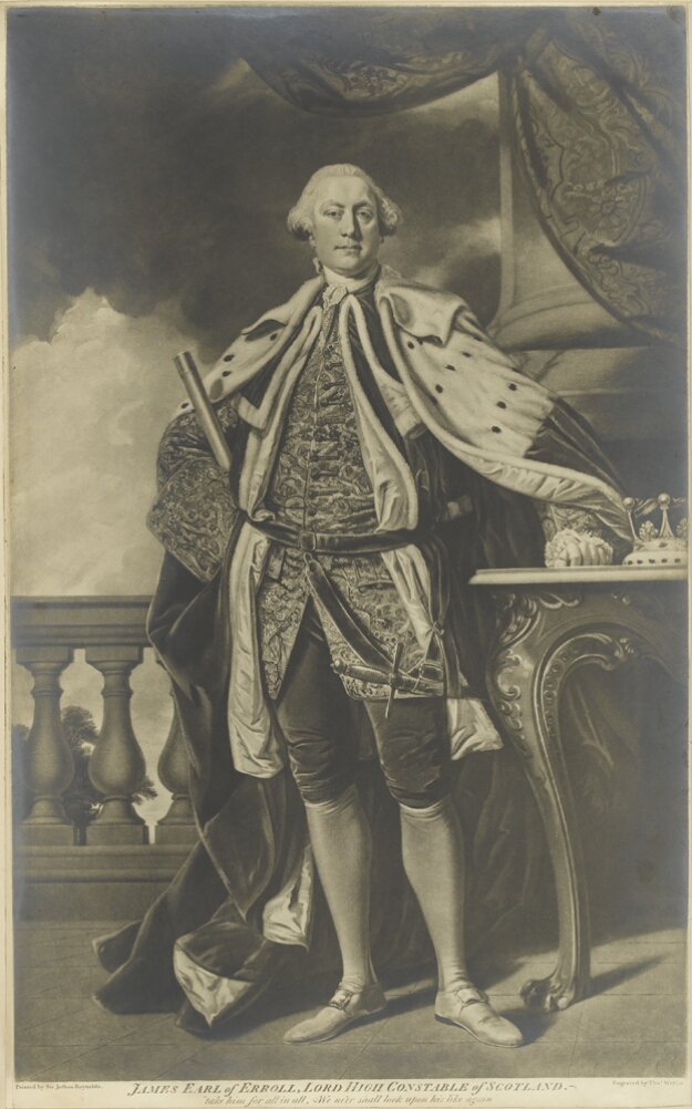 A black and white portrait of a standing man in formal attire of velvet and fur, wearing a powdered wig