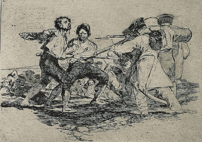 A black and white print of two men facing off against a group of soldiers, weapons poised for attack