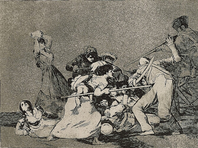 A black and white print of a woman holding a baby, attacking a soldier with a spear, while other women defend themselves from additional soldiers