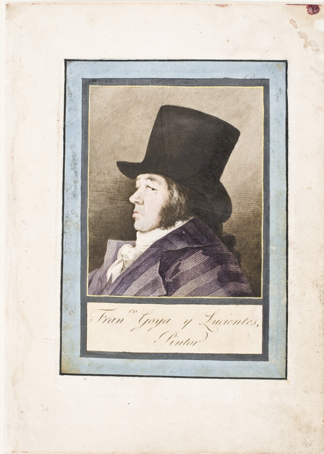 A color print portrait of the artist in profile, wearing a black top hat and purple striped coat, shown from the chest up, with a light blue border. At the bottom, an inscription of the artist's name and title