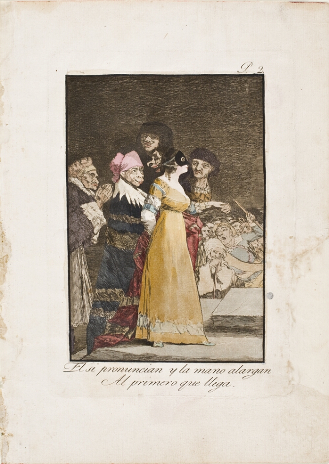 A color print of a woman wearing a mask being led by grotesque figures