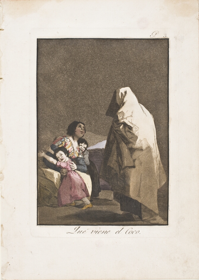 A color print of a shrouded figure approaching a woman and two terrified children