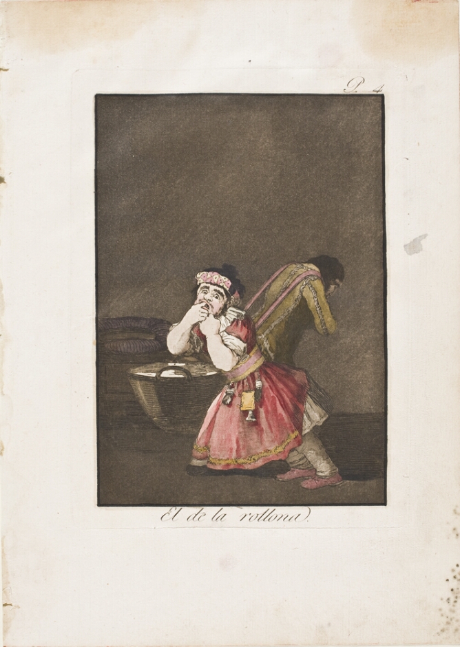 A color print of a leaning man facing the viewer with fingers in his mouth, wearing a pink headdress and dress, while another figure faces away in the background