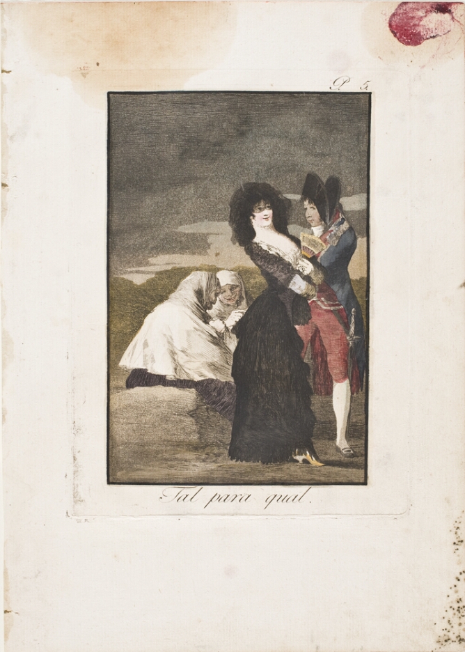 A color print of a standing young couple with two older figures sitting behind them