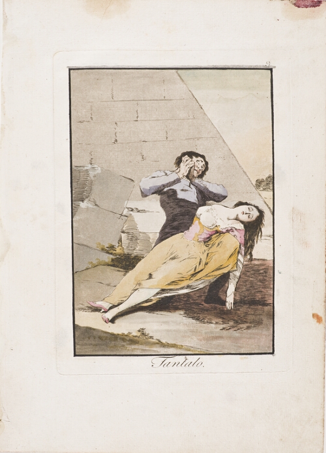 A color print of a woman's lifeless body lying across the lap of a distraught man