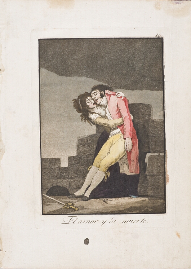 A color print of a standing woman cradling a man leaning against a wall, with a sword on the ground before them
