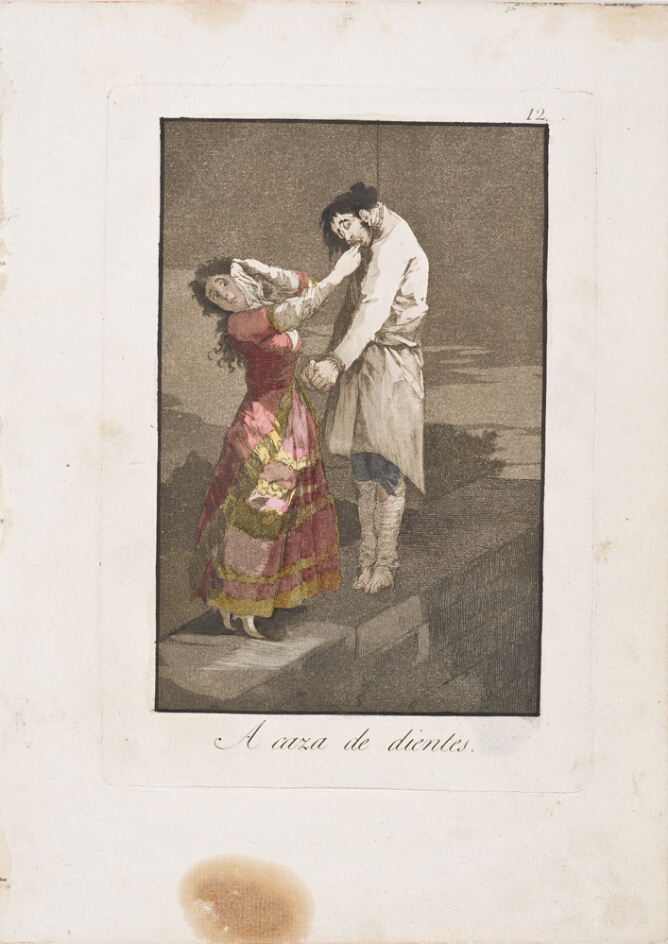A color print of a standing woman facing away while reaching into the mouth of a hanged man