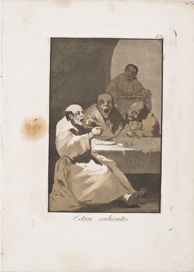 A color print of grotesque figures sitting and eating at a table with mouths wide open. Behind them, a figure stands with a serving plate
