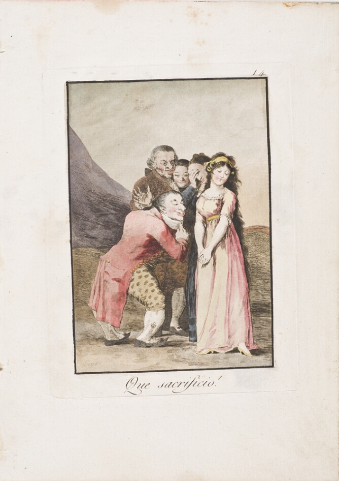 A color print of a man with a hunchback looking down at a standing woman, with figures standing next to her