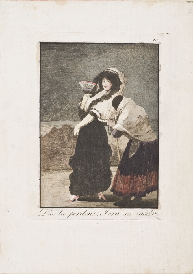 A color print of a well-dressed, standing woman being approached by a figure covered with a shawl