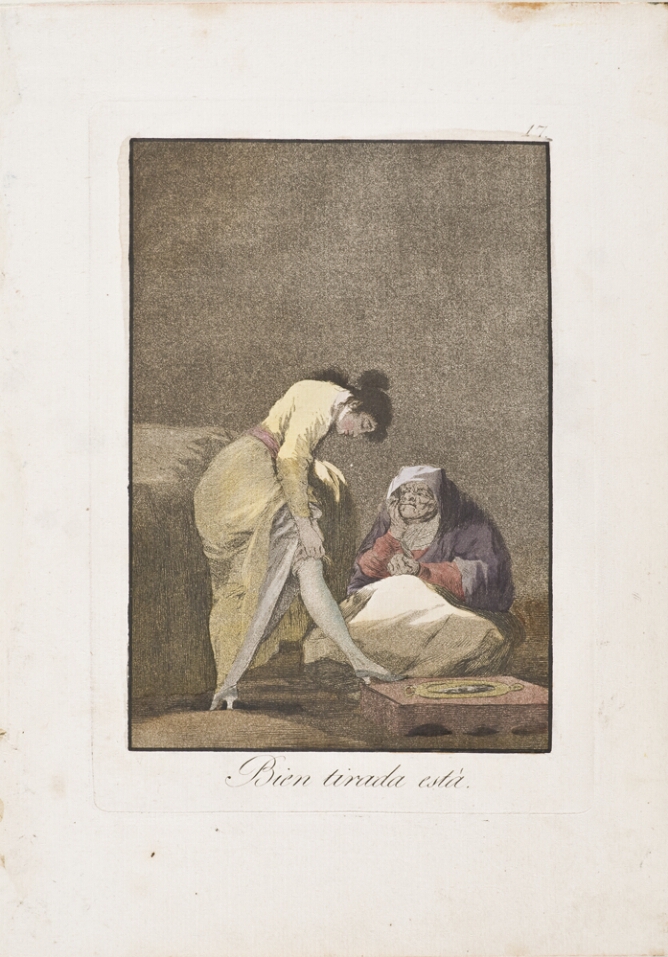A color print of a standing young woman showing her leg to a seated older woman