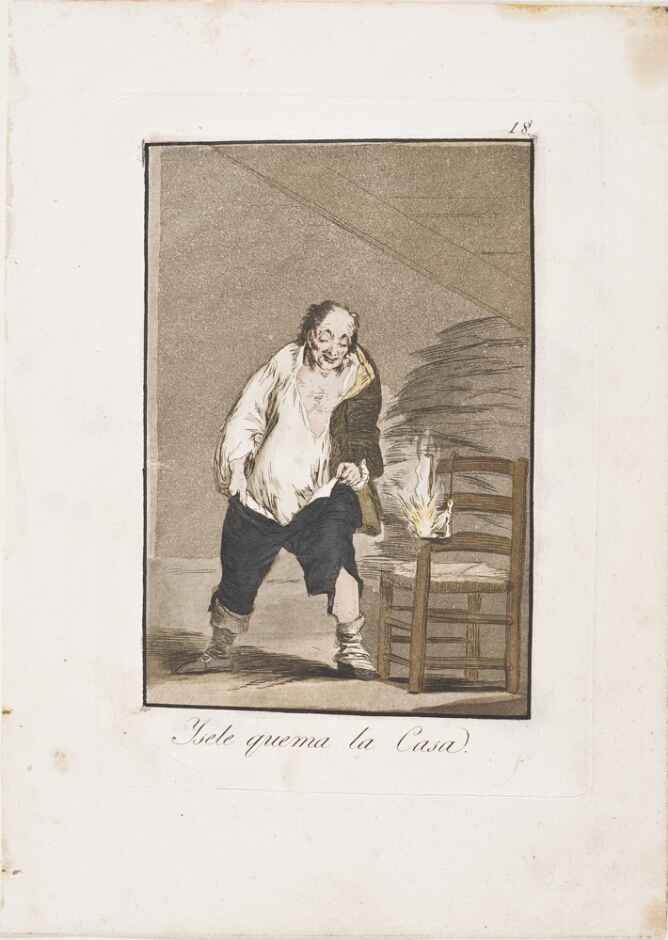 A color print of a disheveled, full-figured standing man holding up his pants from falling, while a chair next to him catches on fire