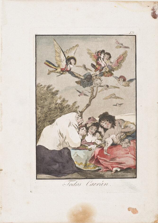 A color print of a seated older woman looking up as two seated younger women hold and poke a bird with a human head. Above them, other bird people fly in the sky