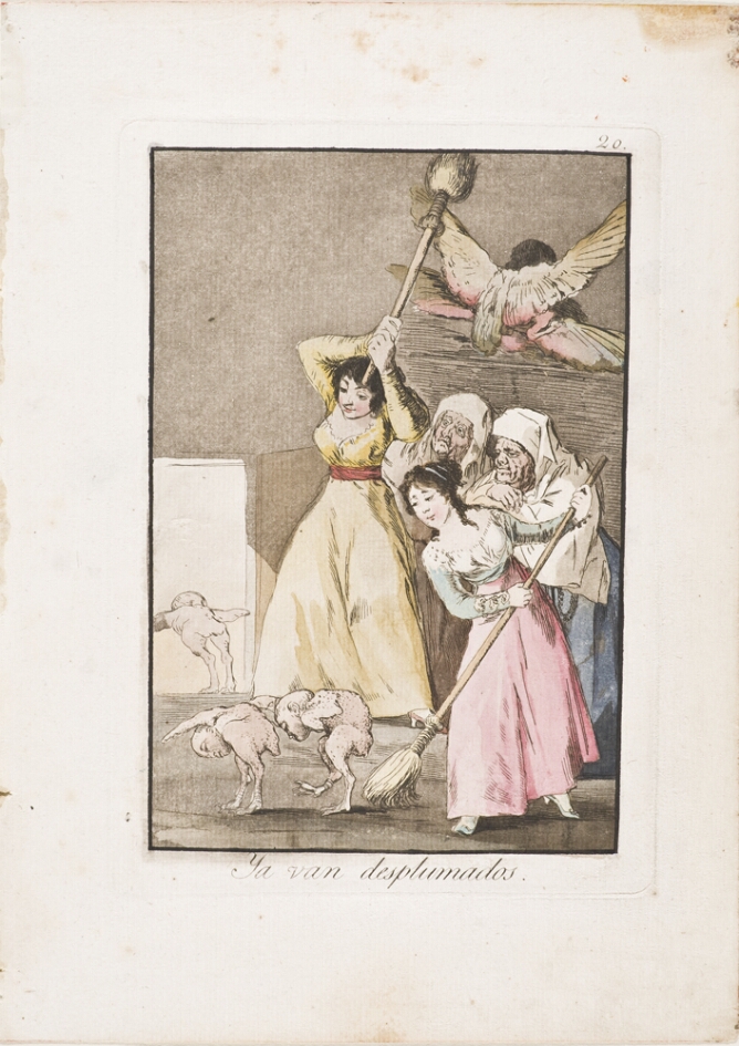 A color print of two standing young women shooing away walking birds with human heads using brooms, as two older women stand next to them and watch