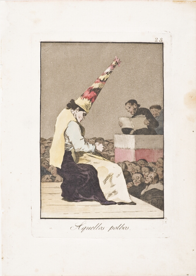 A color print of a figure wearing a large conical hat seated on a platform, with a crowd below