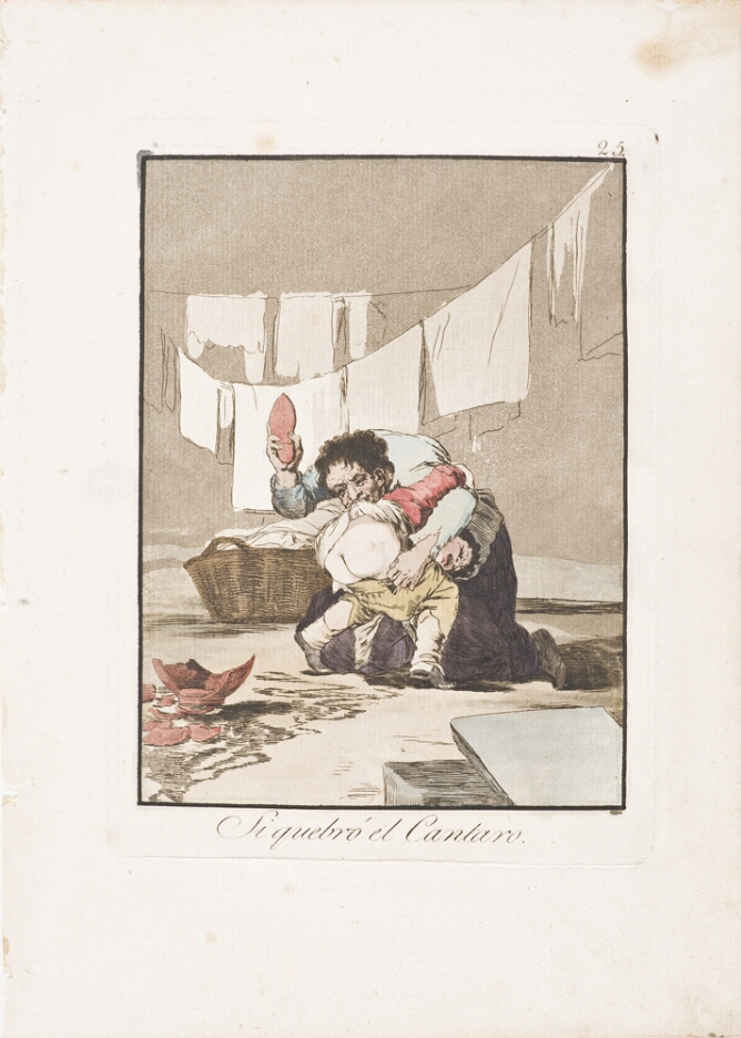 A color print of a kneeling woman about to spank a child's bare bottom with a shoe. In front of them, a broken pot on the ground. Behind them, hanging laundry