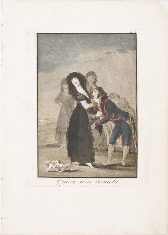 A color print of a standing woman facing away from a bowing man, with two small dogs in the foreground and figures in the background
