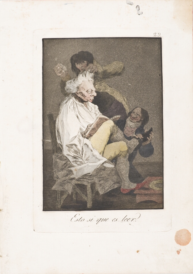A color print of a seated grotesque figure getting their hair combed and shoe put on by two other figures