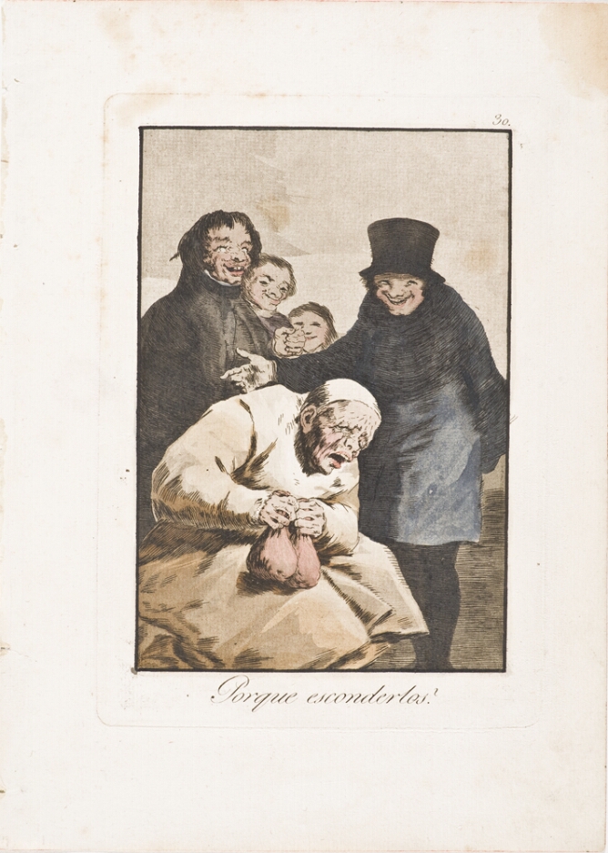 A color print of older figure sitting, clutching onto two small bags, while men stand behind him smiling