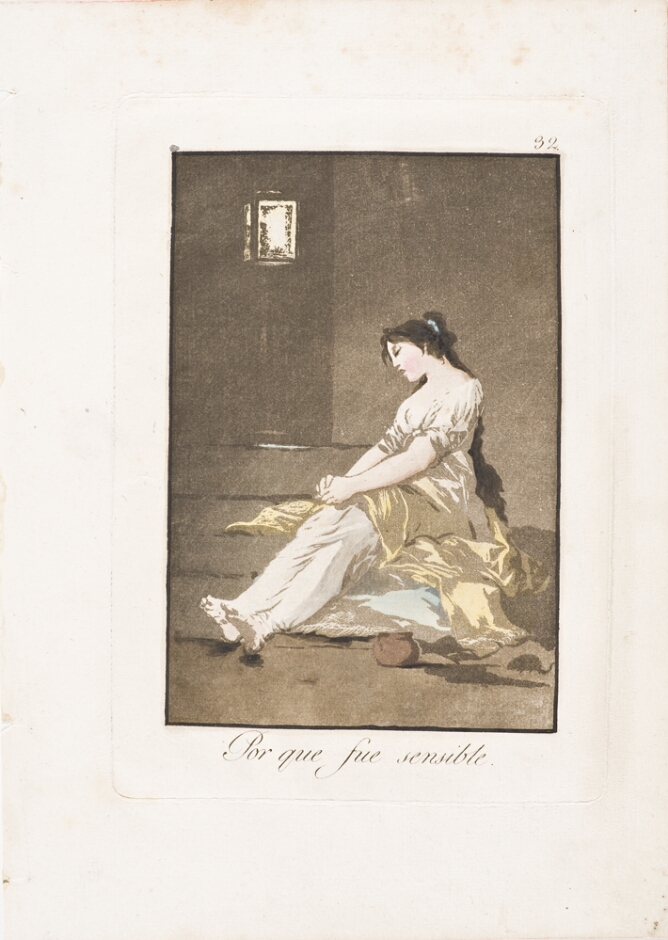 A color print of a melancholy young woman sitting on steps near a lantern