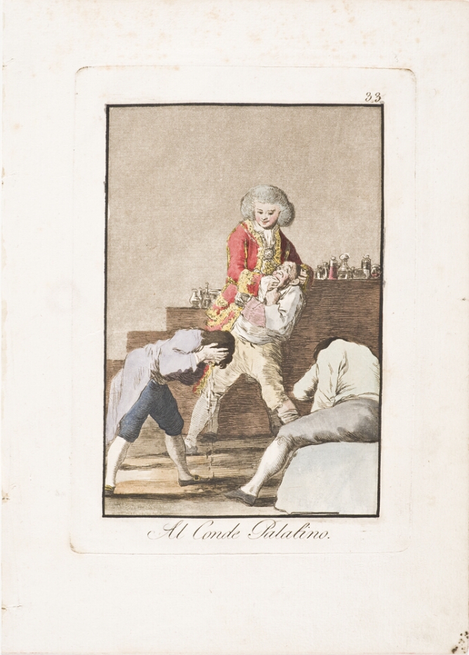 A color print of a richly dressed man standing with his fingers in another man's mouth, while a man bends over and vomits, and another man sits slumped to the side