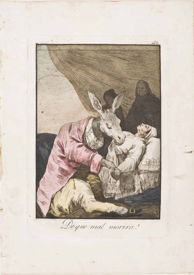 A color print of a clothed donkey holding the hand a figure lying in bed, while two shadowy figures witness